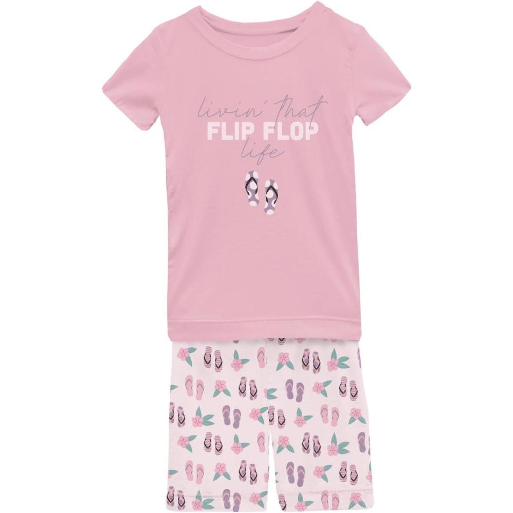 imageKicKee Graphic Short Sleeve Tee Pajama Set with Shorts Tee with Matching Shorts Babies and Kid PJ SetShrinking Violet Flip Flops and Flowers