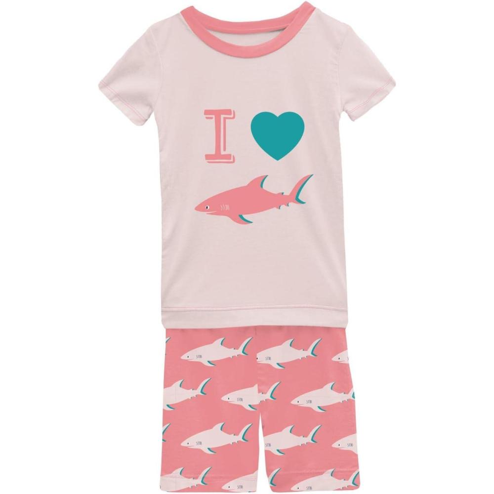 imageKicKee Graphic Short Sleeve Tee Pajama Set with Shorts Tee with Matching Shorts Babies and Kid PJ SetStrawberry Sharky
