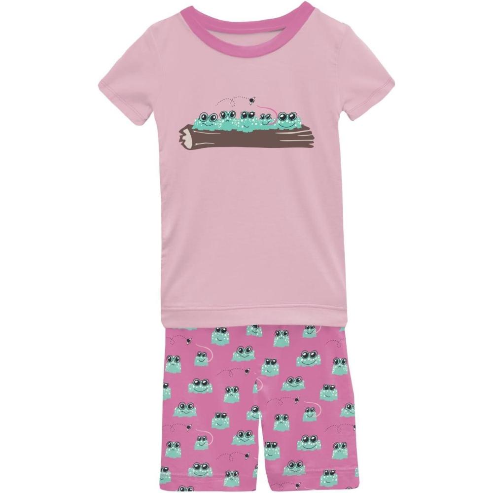 imageKicKee Graphic Short Sleeve Tee Pajama Set with Shorts Tee with Matching Shorts Babies and Kid PJ SetTulip Bespeckled Frogs