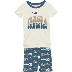 KicKee Graphic Short Sleeve Tee Pajama Set with Shorts, Tee with Matching Shorts, Babies and Kid PJ Set(Deep Sea Guitar Birds)