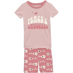 KicKee Graphic Short Sleeve Tee Pajama Set with Shorts, Tee with Matching Shorts, Babies and Kid PJ Set(Desert Rose Guitar Birds)