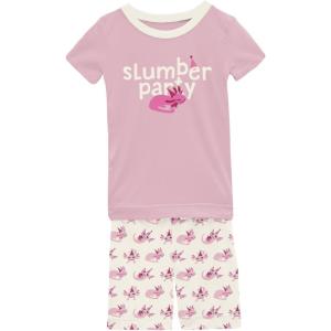 KicKee Graphic Short Sleeve Tee Pajama Set with Shorts, Tee with Matching Shorts, Babies and Kid PJ Set(Natural Axolotl Party)