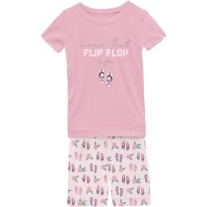 KicKee Graphic Short Sleeve Tee Pajama Set with Shorts, Tee with Matching Shorts, Babies and Kid PJ Set(Shrinking Violet Flip Flops and Flowers)