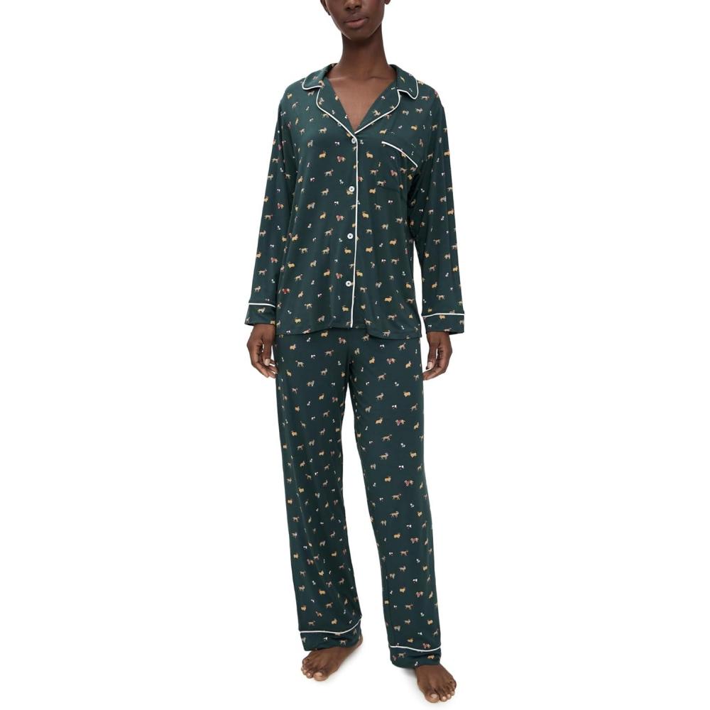 imageEberjey Womens Gisele Printed Long PJ SetHoliday Dogs PineIvory