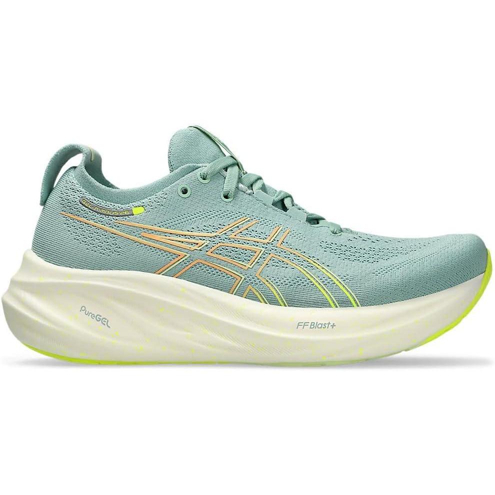 imageASICS Womens GelNimbus 26 Running ShoeLight Celadon Safety Yellow 1012b601 301
