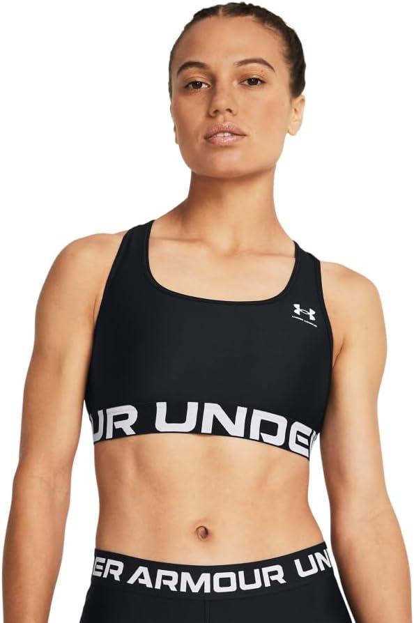 image:imageUnder Armour Womens HeatGear Authentics Mid Impact Branded Sports BraBlackWhite