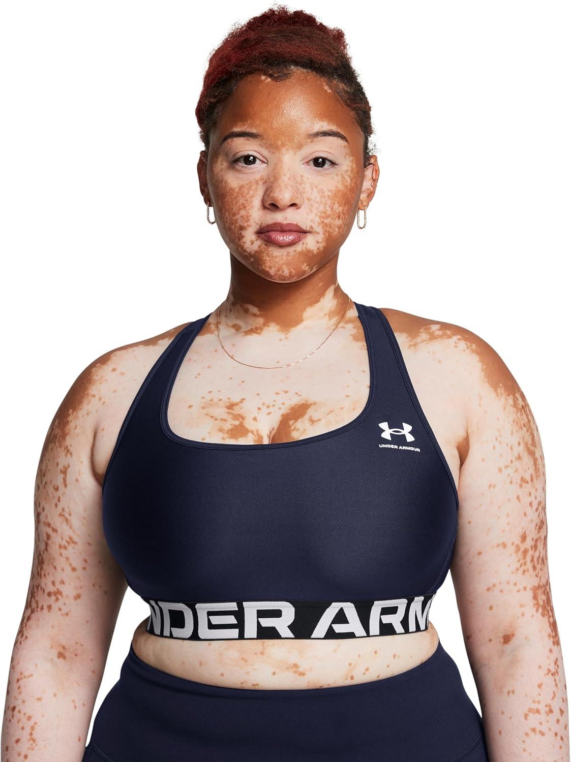 image:imageUnder Armour Womens HeatGear Authentics Mid Impact Branded Sports BraMidnight NavyWhite