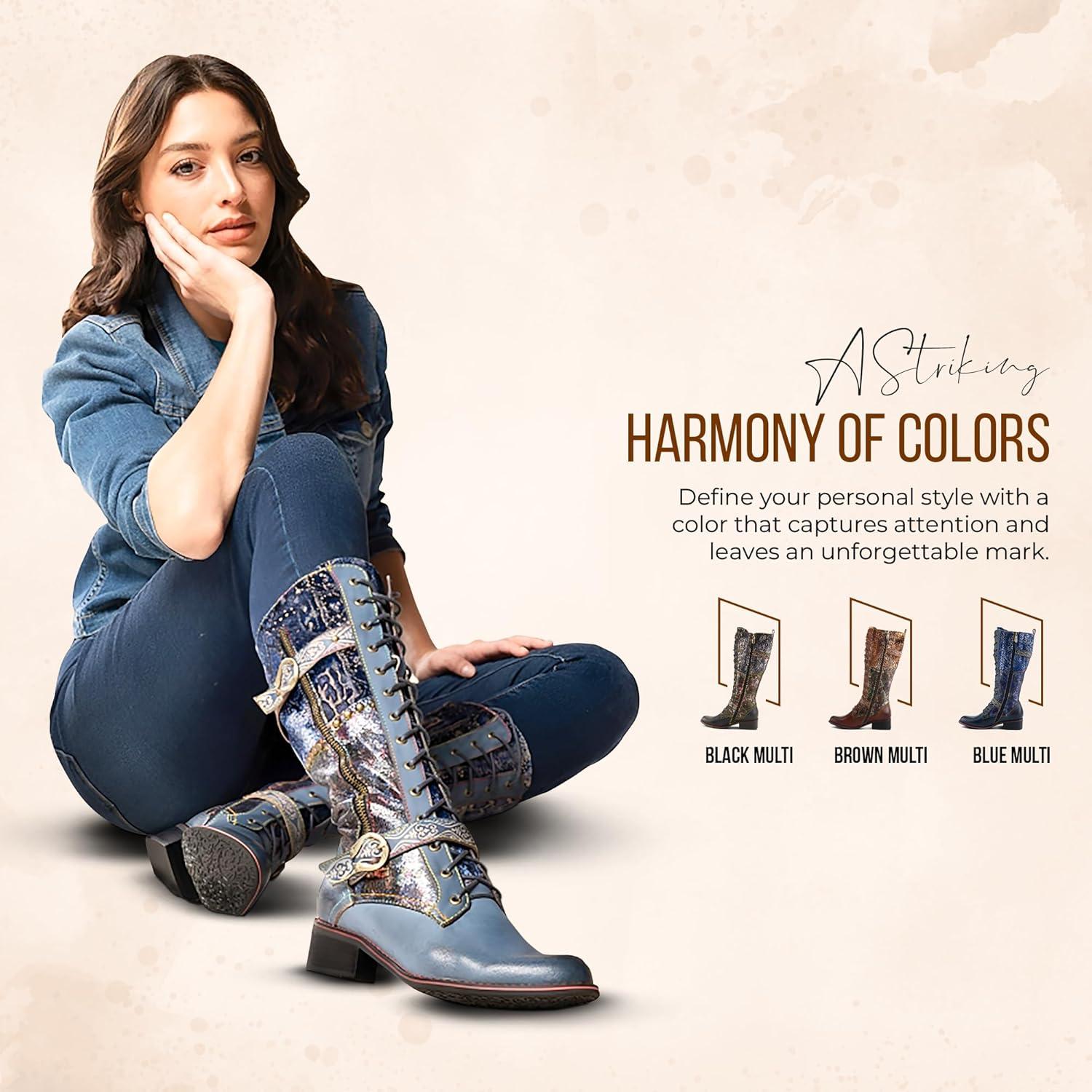 image:imageLArtiste Vaneyck Knee High Boots for Women with Iridescent Metallic Upper Ladies Tall Boots with Decorative Double Buckles and Lace Up Zipper ClosureBlack Multi