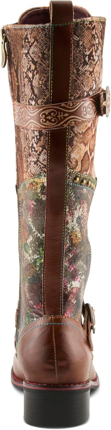 image:imageLArtiste Vaneyck Knee High Boots for Women with Iridescent Metallic Upper Ladies Tall Boots with Decorative Double Buckles and Lace Up Zipper ClosureBrown Multi