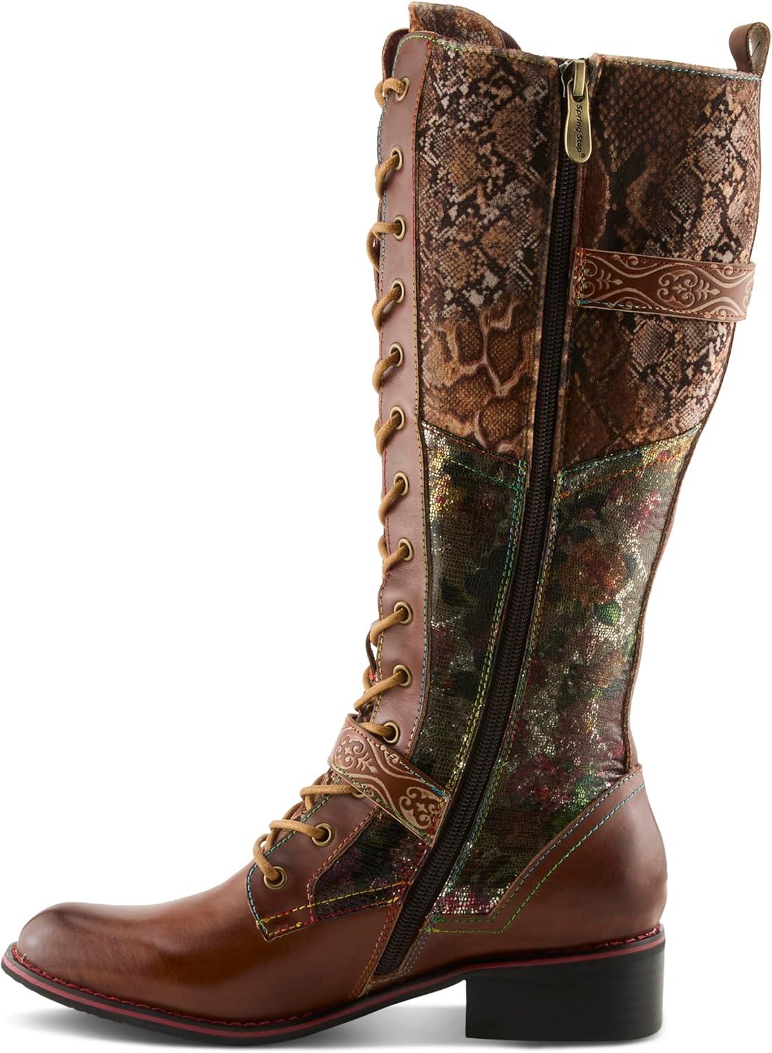image:imageLArtiste Vaneyck Knee High Boots for Women with Iridescent Metallic Upper Ladies Tall Boots with Decorative Double Buckles and Lace Up Zipper ClosureBrown Multi