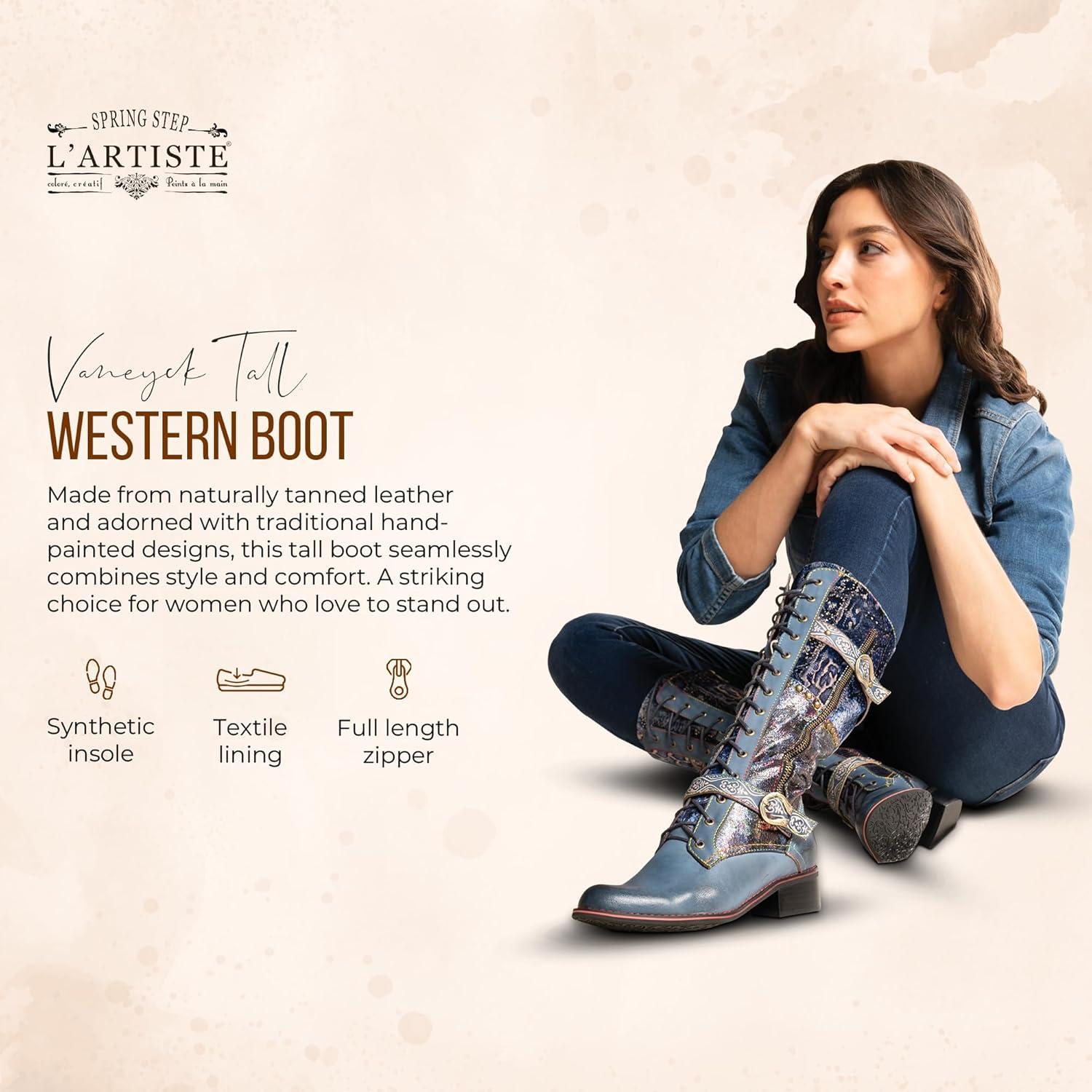 image:imageLArtiste Vaneyck Knee High Boots for Women with Iridescent Metallic Upper Ladies Tall Boots with Decorative Double Buckles and Lace Up Zipper ClosureBrown Multi