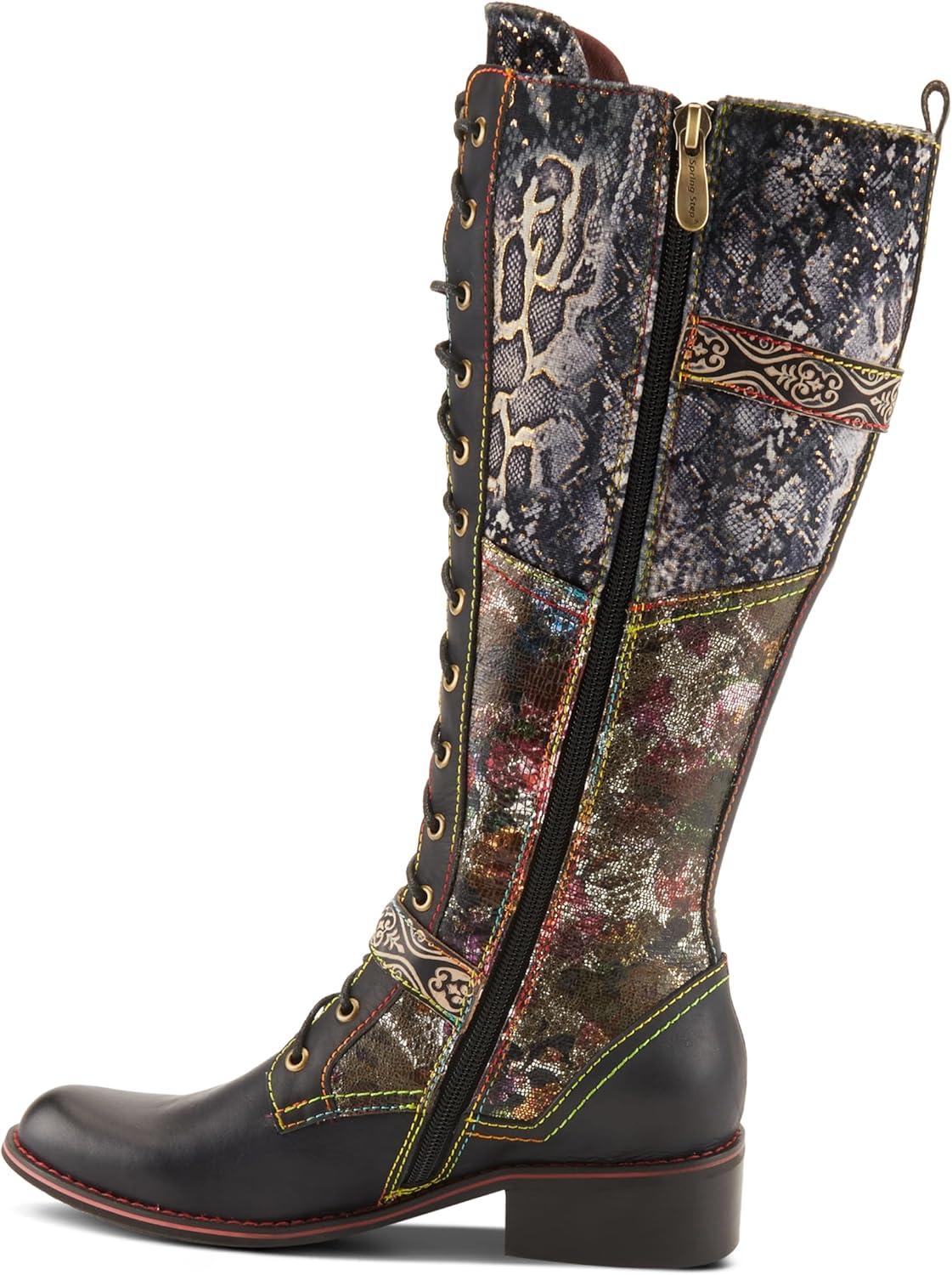 image:imageLArtiste Vaneyck Knee High Boots for Women with Iridescent Metallic Upper Ladies Tall Boots with Decorative Double Buckles and Lace Up Zipper ClosureBlack Multi