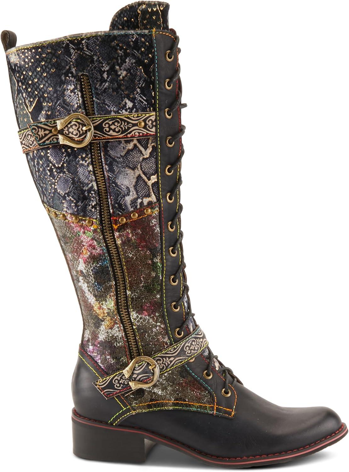 image:imageLArtiste Vaneyck Knee High Boots for Women with Iridescent Metallic Upper Ladies Tall Boots with Decorative Double Buckles and Lace Up Zipper ClosureBlack Multi