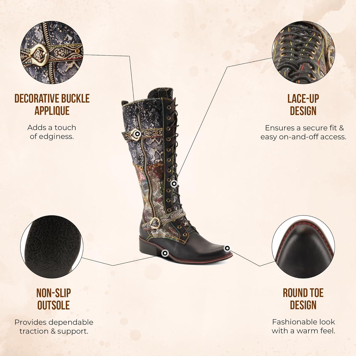 image:imageLArtiste Vaneyck Knee High Boots for Women with Iridescent Metallic Upper Ladies Tall Boots with Decorative Double Buckles and Lace Up Zipper ClosureBrown Multi