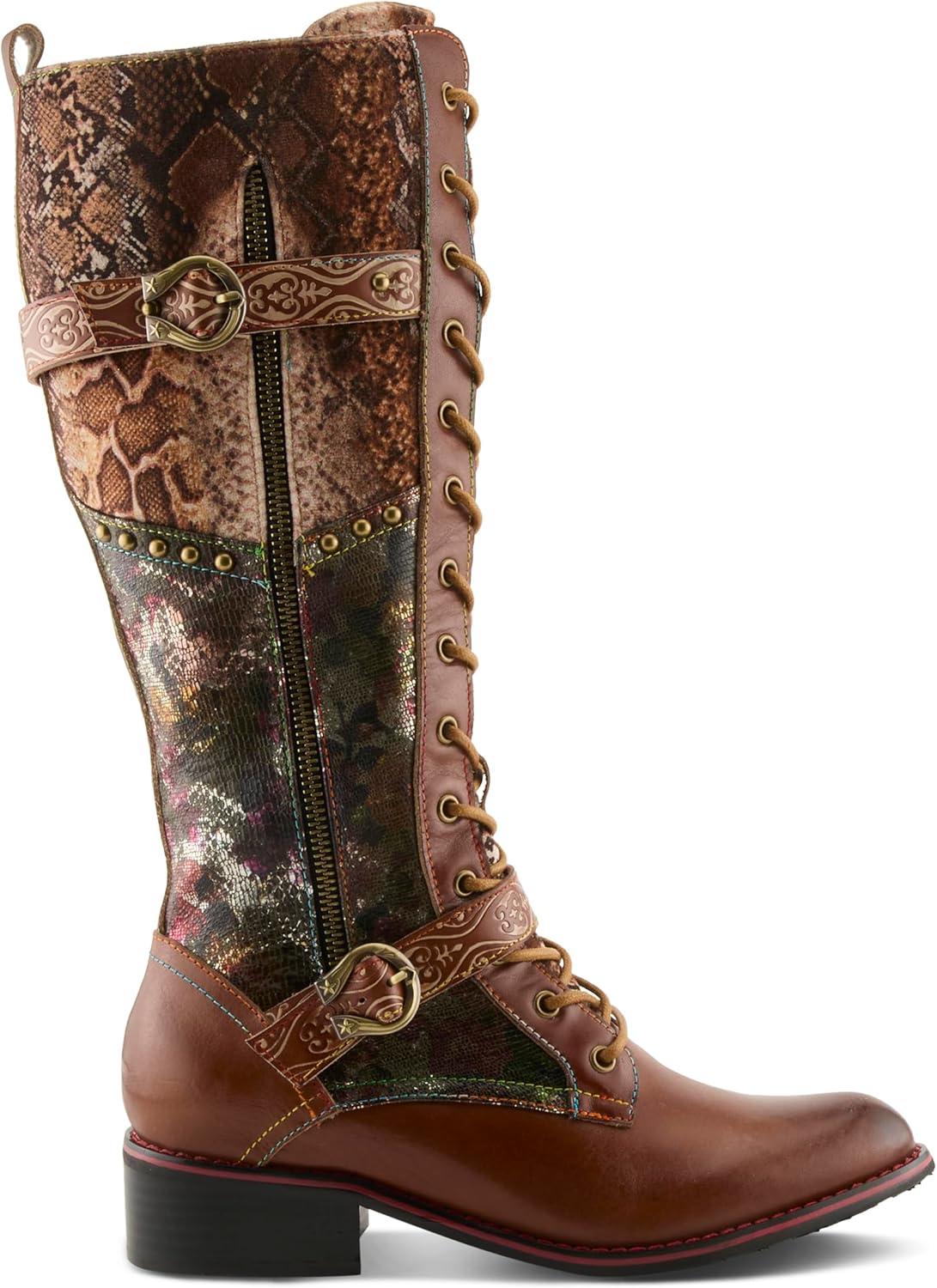 image:imageLArtiste Vaneyck Knee High Boots for Women with Iridescent Metallic Upper Ladies Tall Boots with Decorative Double Buckles and Lace Up Zipper ClosureBrown Multi