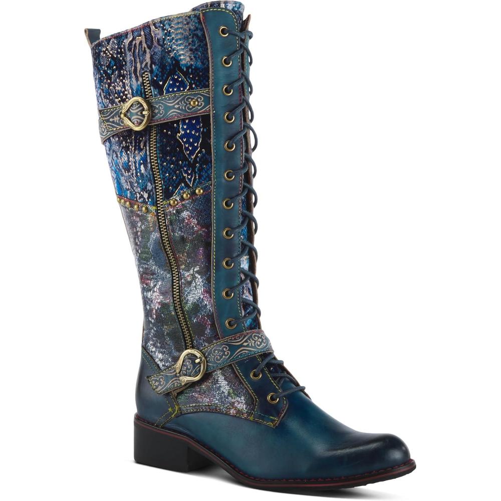 image:imageLArtiste Vaneyck Knee High Boots for Women with Iridescent Metallic Upper Ladies Tall Boots with Decorative Double Buckles and Lace Up Zipper ClosureBlue Multi