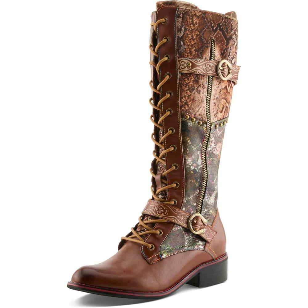 image:imageLArtiste Vaneyck Knee High Boots for Women with Iridescent Metallic Upper Ladies Tall Boots with Decorative Double Buckles and Lace Up Zipper ClosureBrown Multi