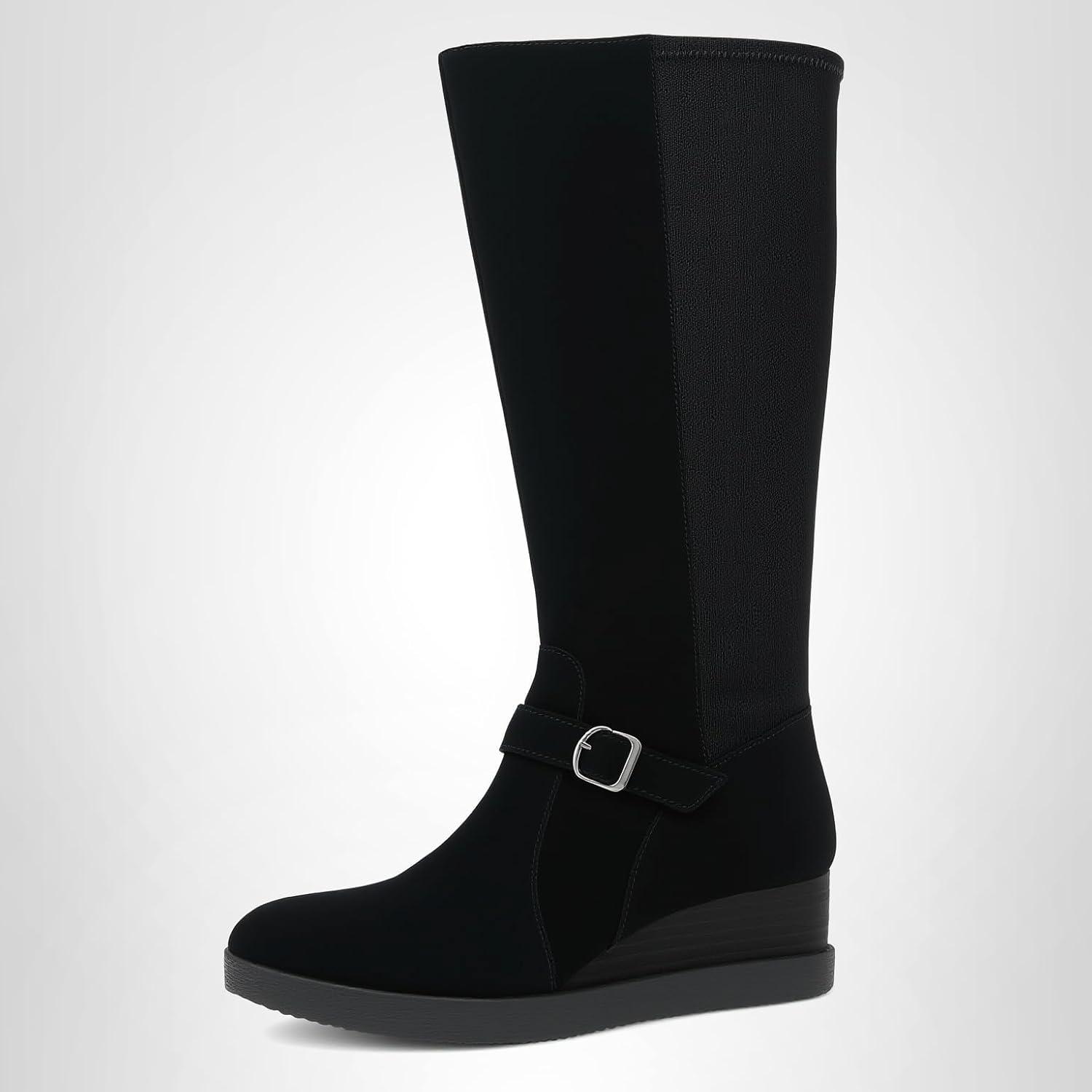 image:imageDansko Shelia Wedge Boot for Women Durable Waterproof Leathers and LeatherStacked Heel Buckle Detail and Tall Shaft for Seasonal StyleBlack