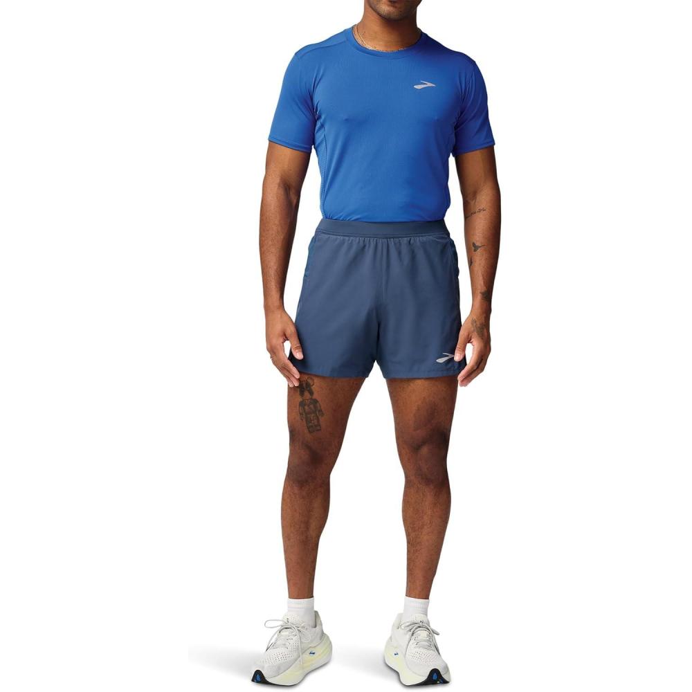 image:imageBrooks Mens Journey 5quot Short Lightweight Supportive Fit Athletic Shorts with Brief Liner ampamp Secure StorageBlue Slate
