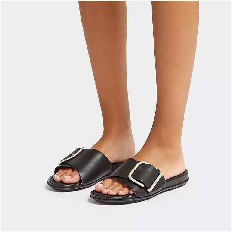 image:imageFitFlop Womens Gracie MaxiBuckle Leather Slides Wedge SandalBlack