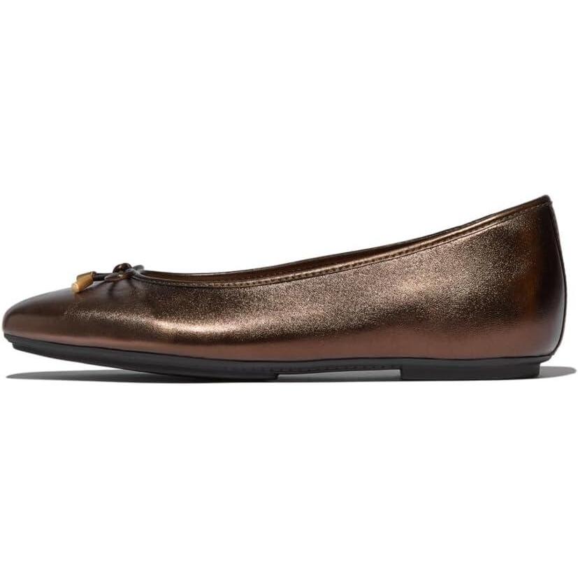 image:imageFitFlop Womens Delicato Bow Soft Leather Ballet FlatsMetallic Chocolate Brown
