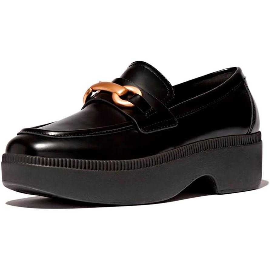 image:imageFitFlop Womens Fluma ChunkySnaffle BoxLeather DemiWedge LoafersBlack