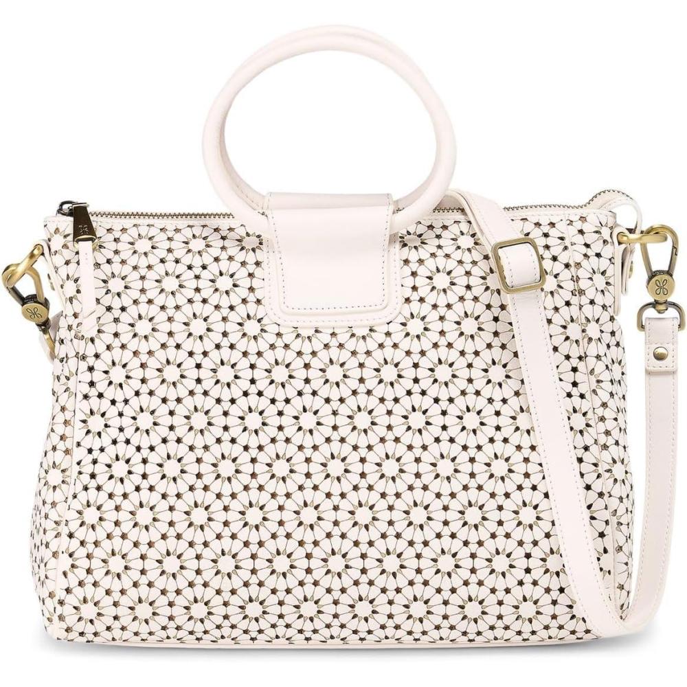 image:imageHOBO Sheila Medium Leather Satchel Crossbody Bag for Women with Top HandleEcru Daisy Perf
