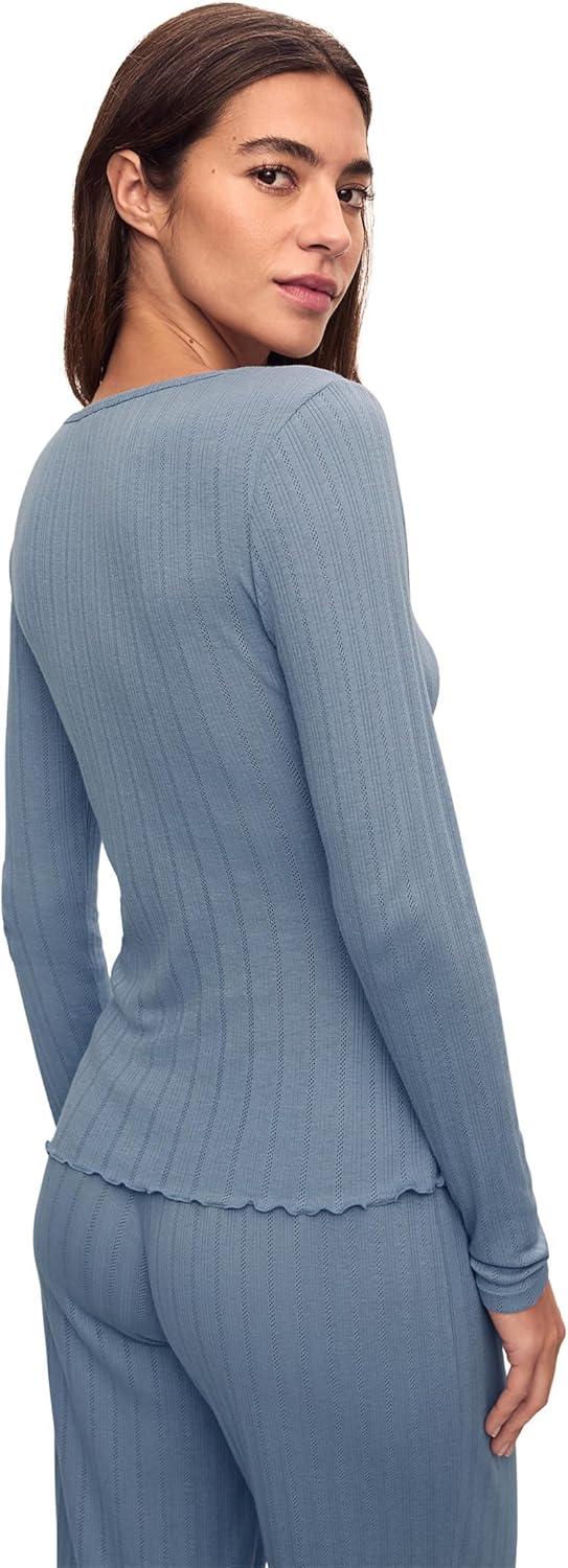 image:imageEberjey Womens Pointelle VNeck HenleyFaded Denim