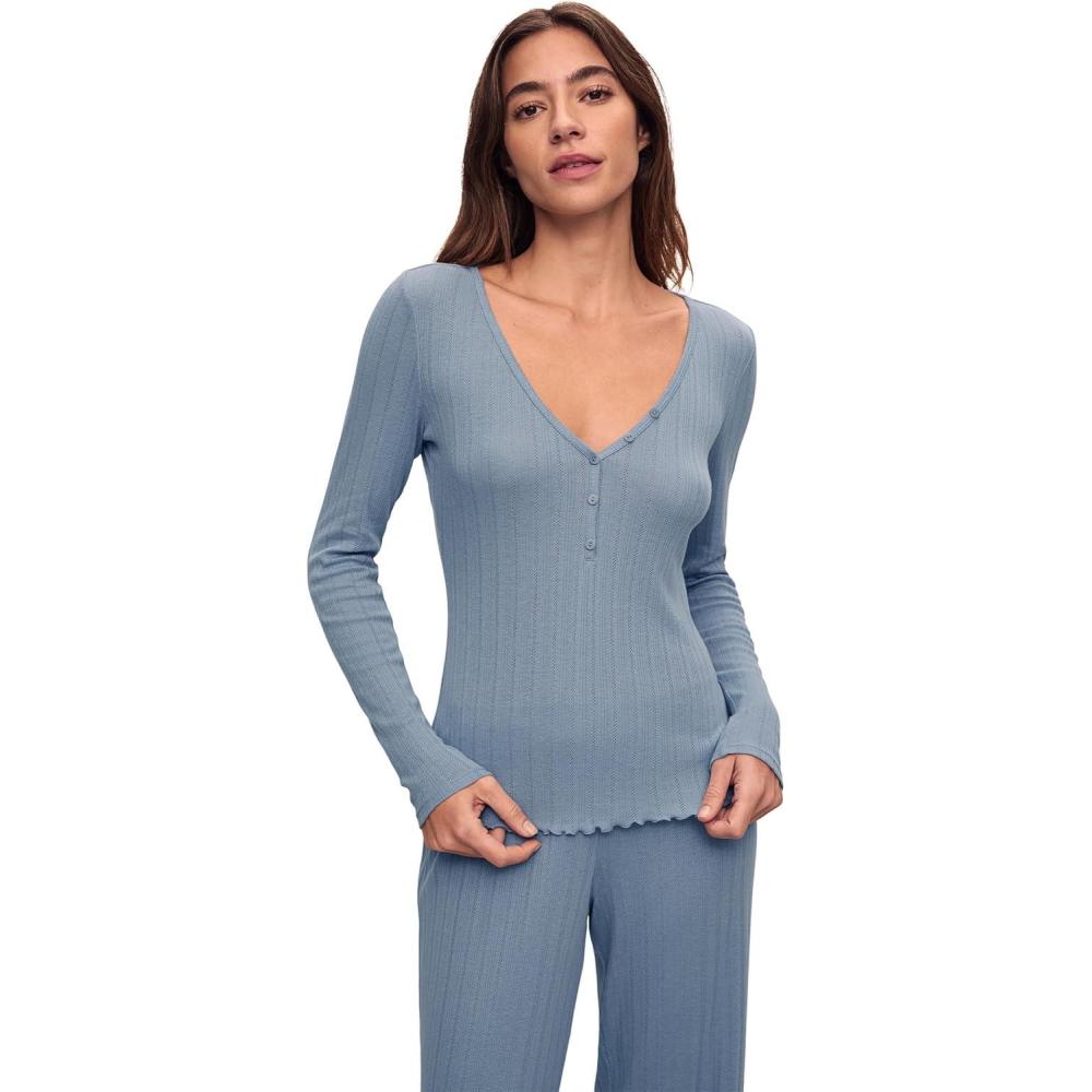 image:imageEberjey Womens Pointelle VNeck HenleyFaded Denim