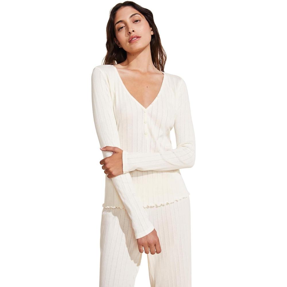 image:imageEberjey Womens Pointelle VNeck HenleyIvory