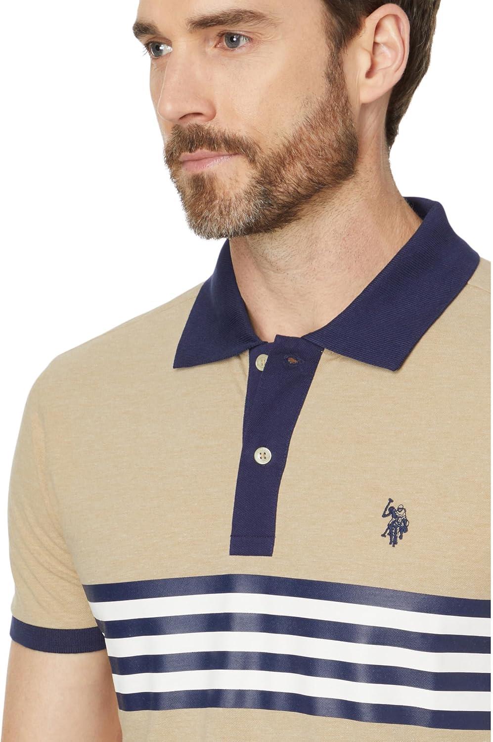 image:imageUS Polo Assn Mens Short Sleeve Slim Fit Printed Chest Stripe Pique Polo ShirtKhaki Heather
