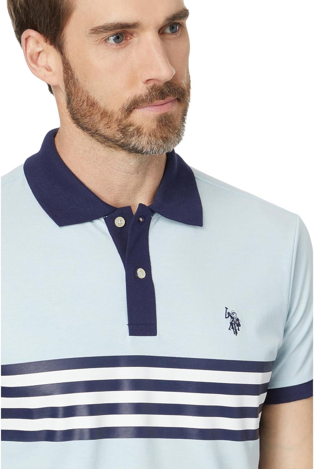 image:imageUS Polo Assn Mens Short Sleeve Slim Fit Printed Chest Stripe Pique Polo ShirtTahoe Blue Heather