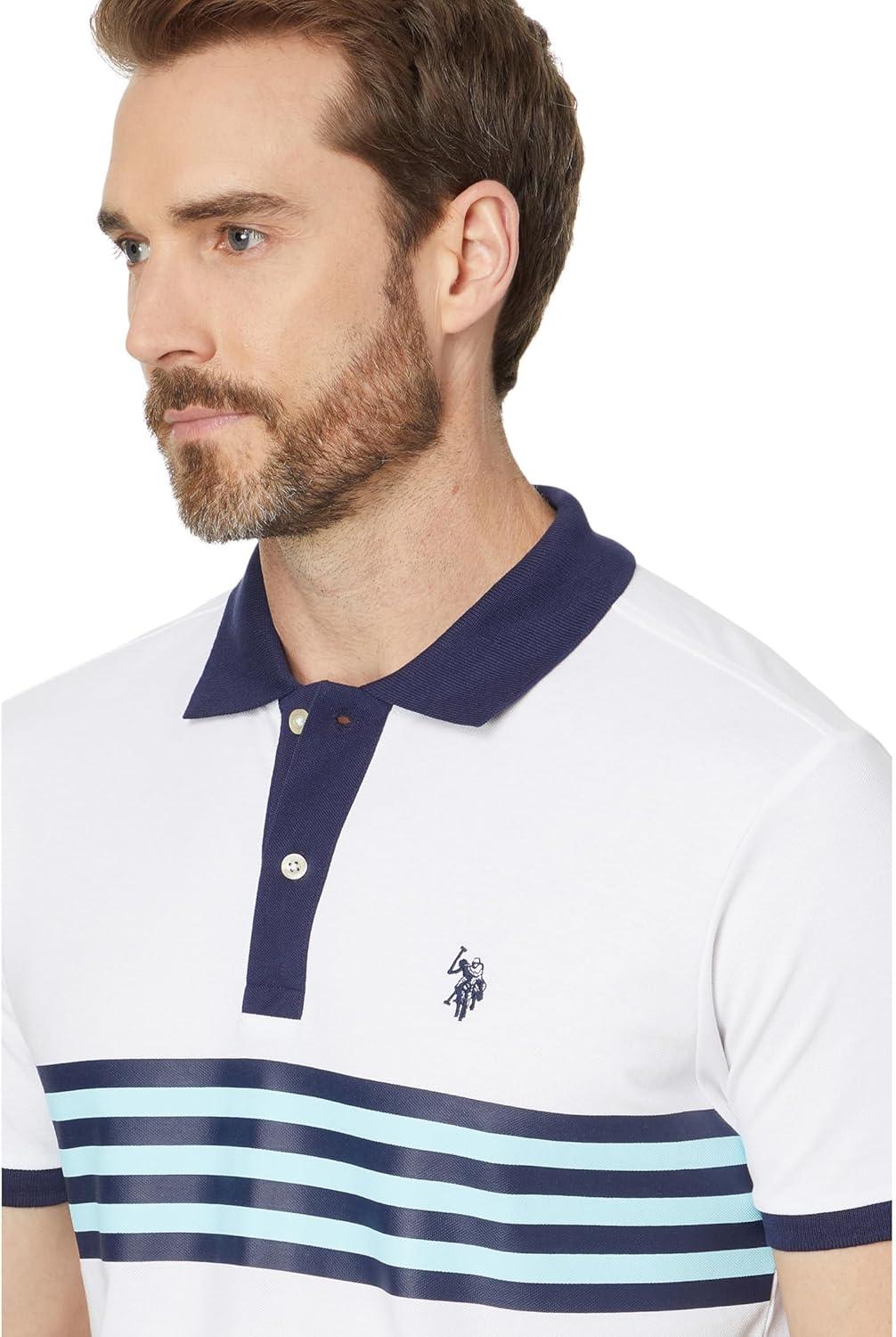 image:imageUS Polo Assn Mens Short Sleeve Slim Fit Printed Chest Stripe Pique Polo ShirtWhite