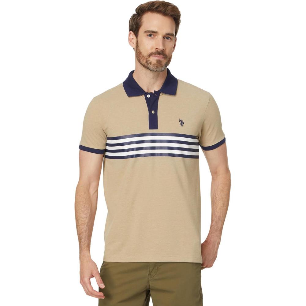 image:imageUS Polo Assn Mens Short Sleeve Slim Fit Printed Chest Stripe Pique Polo ShirtKhaki Heather