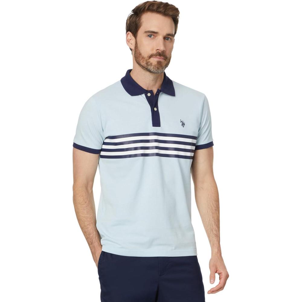 image:imageUS Polo Assn Mens Short Sleeve Slim Fit Printed Chest Stripe Pique Polo ShirtTahoe Blue Heather