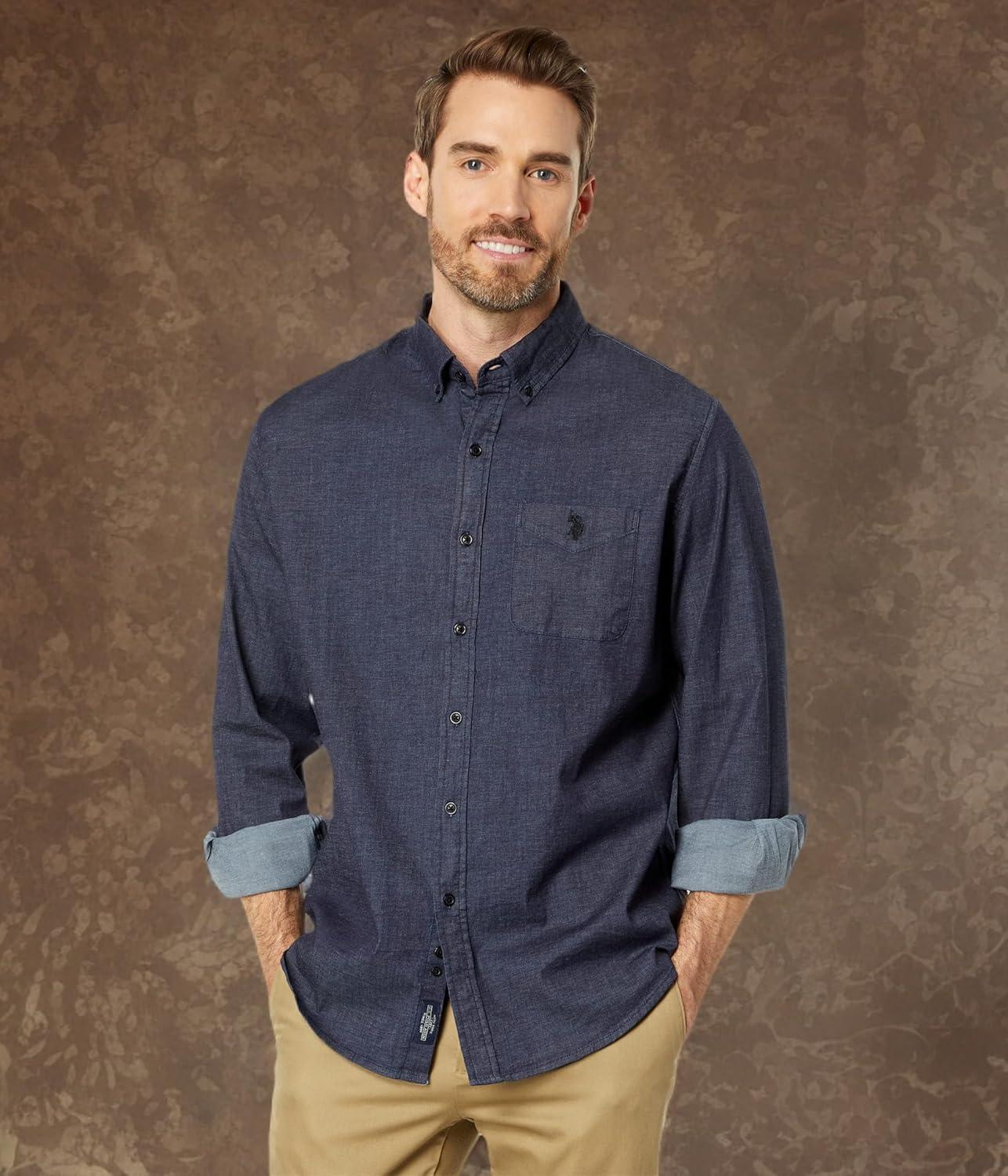 image:imageUS POLO ASSN Long Sleeve Chambray Denim Woven ShirtDark Blue