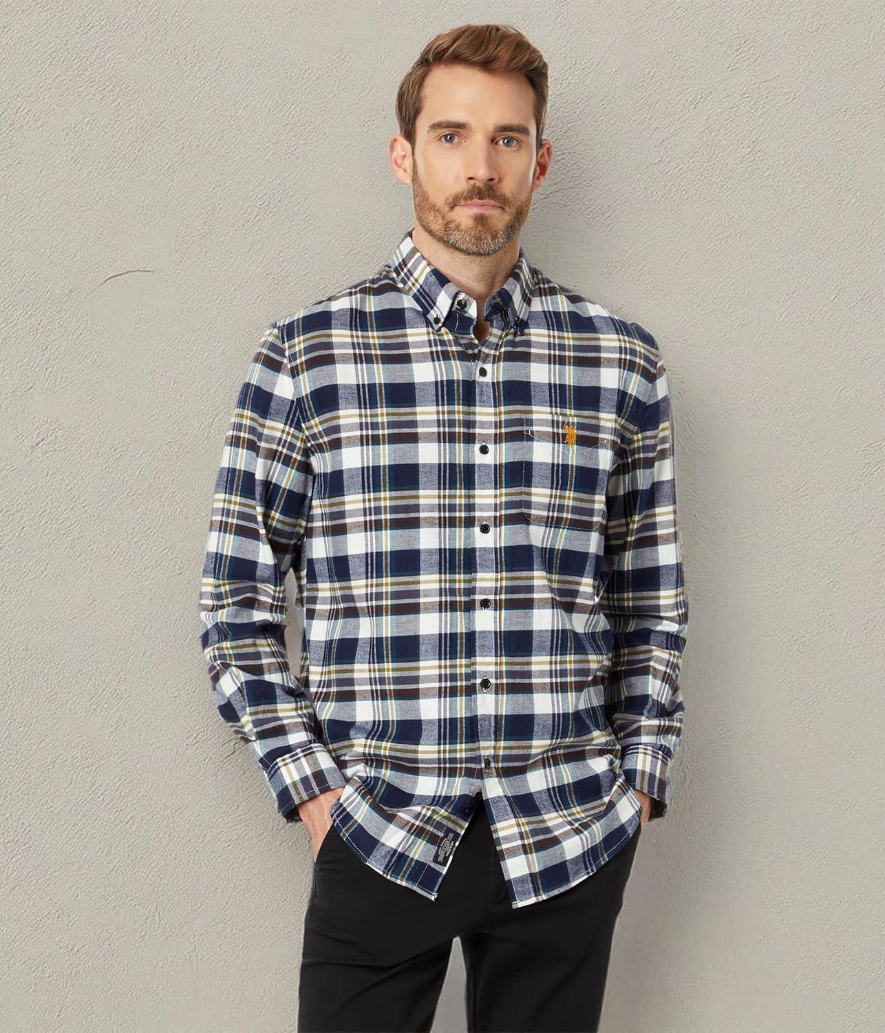 image:imageUS Polo Assn Long Sleeve YarnDye Stretch Peached Twill Woven Shirt Classic Navy SM