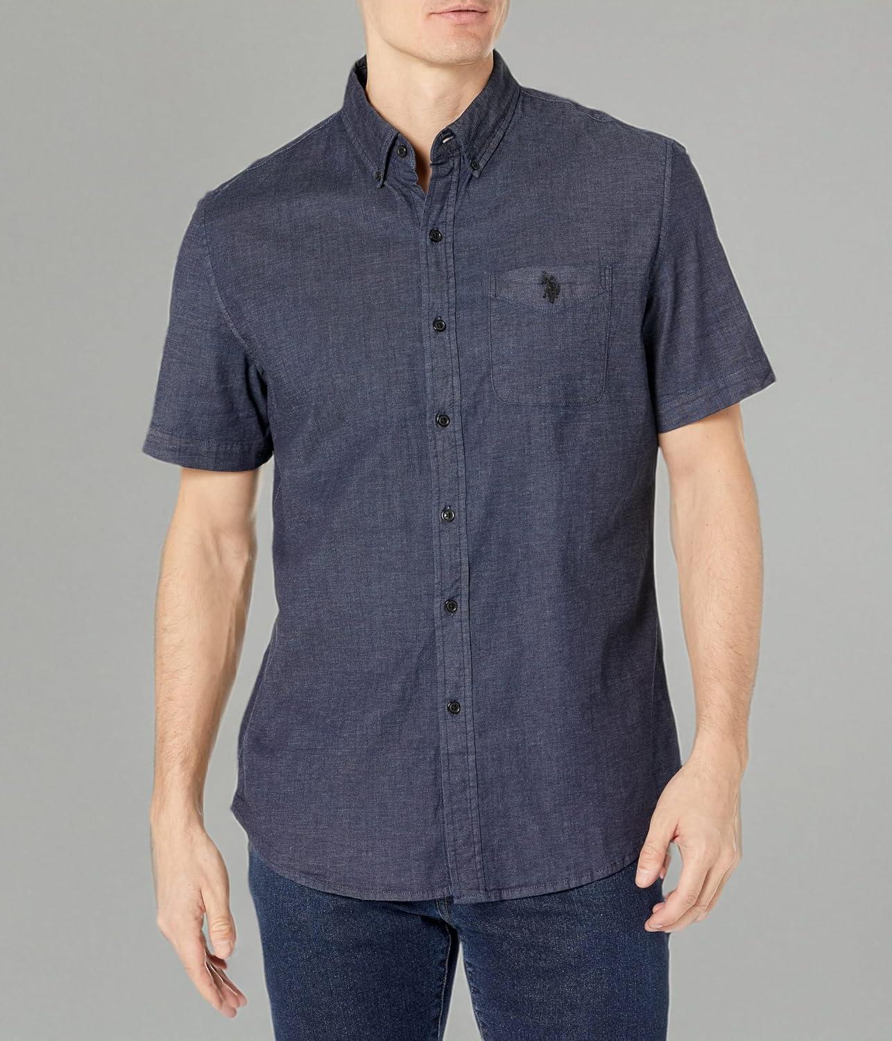 image:imageUS Polo Assn Short Sleeve Indigo Chambray Denim Woven Shirt Dark Blue SM