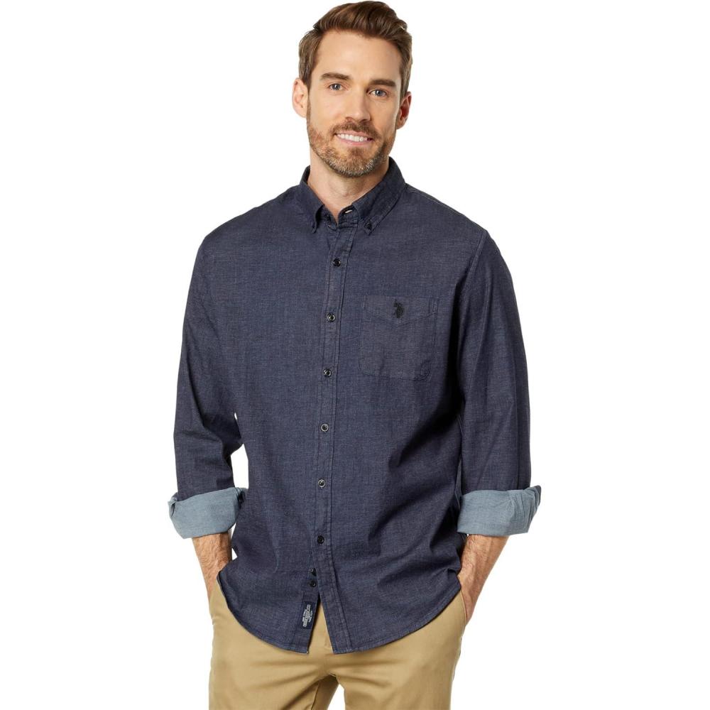 image:imageUS POLO ASSN Long Sleeve Chambray Denim Woven ShirtDark Blue
