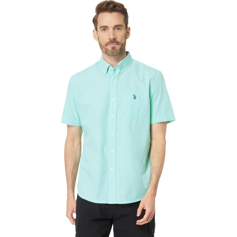 image:imageUS POLO ASSN Short Sleeve CVC YarnDye Poplin Woven ShirtPool Green