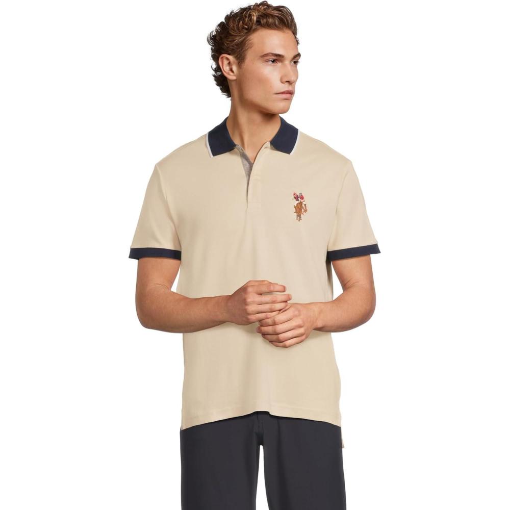 image:imageUS Polo Assn Mens Short Sleeve Slim Fit Multicolor Pony Interlock Polo ShirtOyster Sand