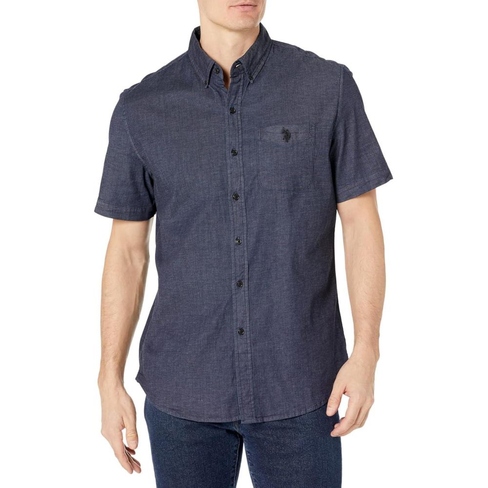 image:imageUS Polo Assn Short Sleeve Indigo Chambray Denim Woven Shirt Dark Blue SM