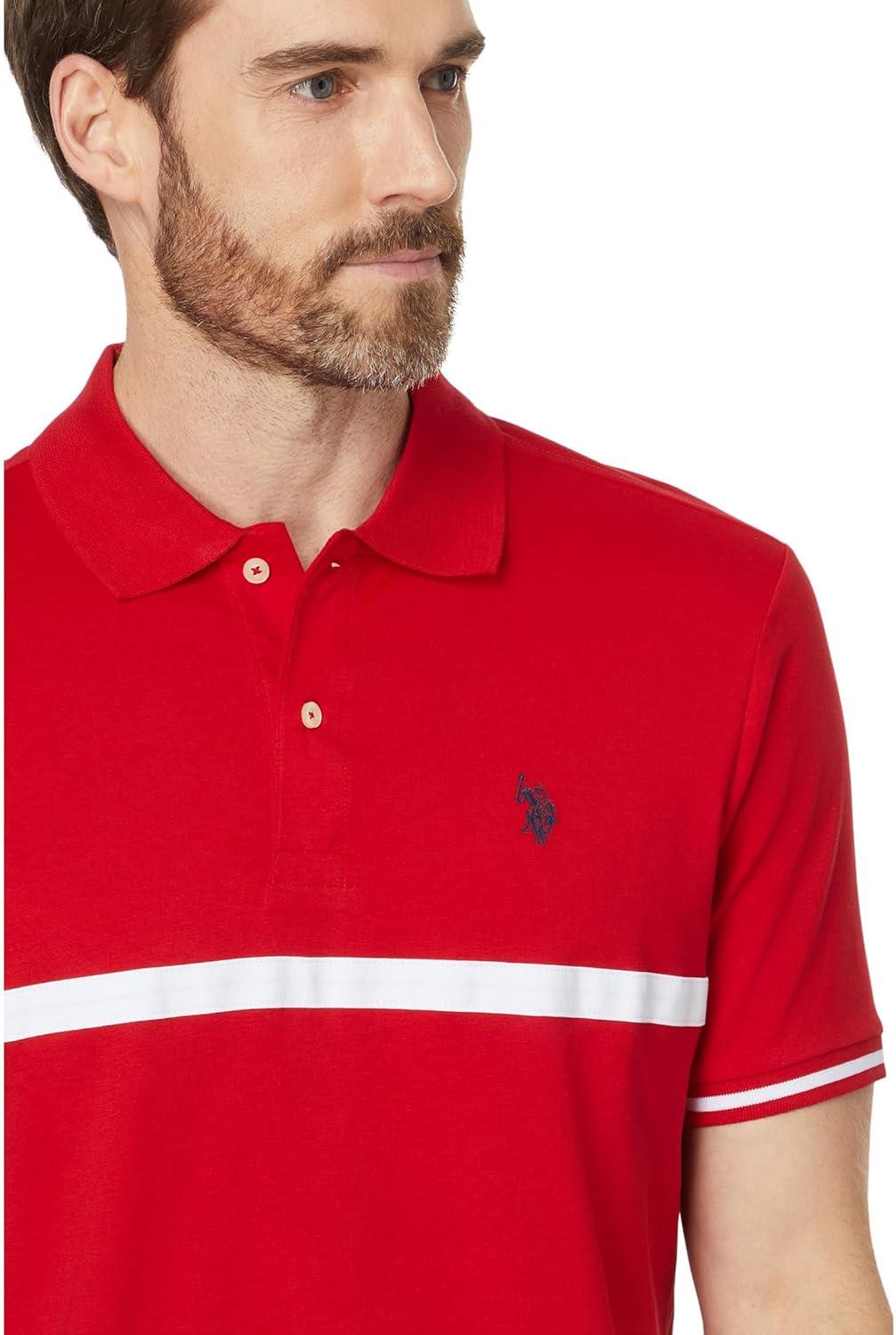 image:imageUS Polo Assn Mens Short Sleeve Thin Stripe Colorblock Jersey Knit Polo ShirtEngine Red