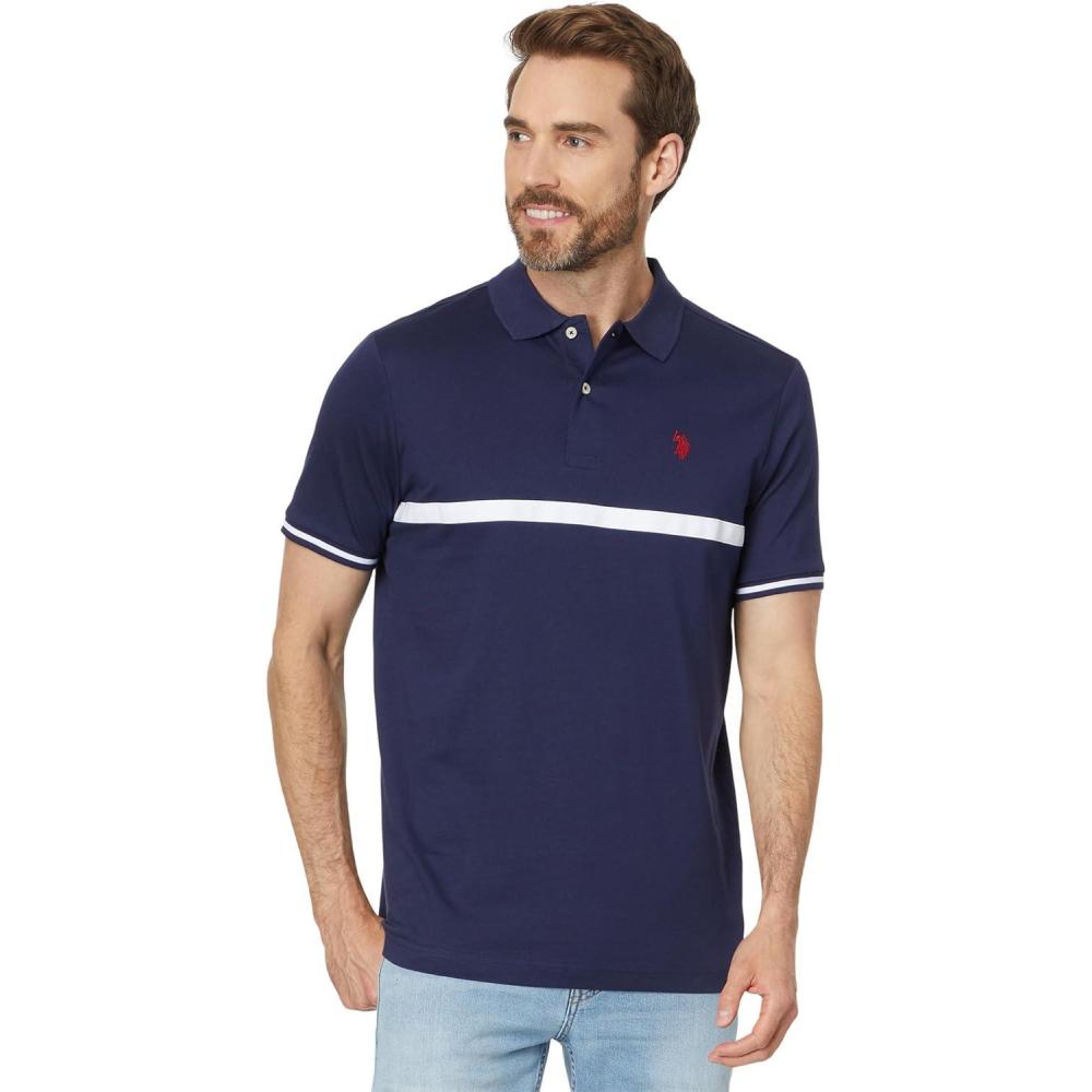 image:imageUS Polo Assn Mens Short Sleeve Thin Stripe Colorblock Jersey Knit Polo ShirtClassic Navy