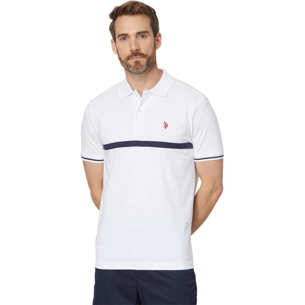 image:imageUS Polo Assn Mens Short Sleeve Thin Stripe Colorblock Jersey Knit Polo ShirtWhite