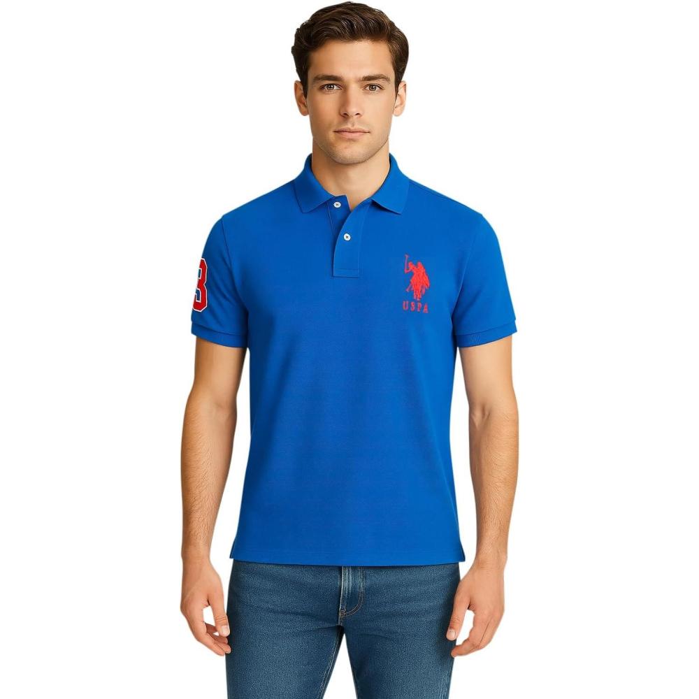 image:imageUS Polo Assn Mens Slim Fit Solid Pique Polo ShirtBlue RaftEngine Red