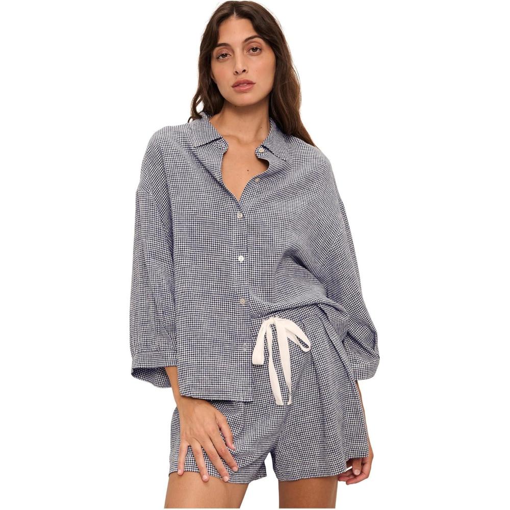 image:imageEberjey Womens Linen Blend Relaxed ShortsGingham WhiteNavy
