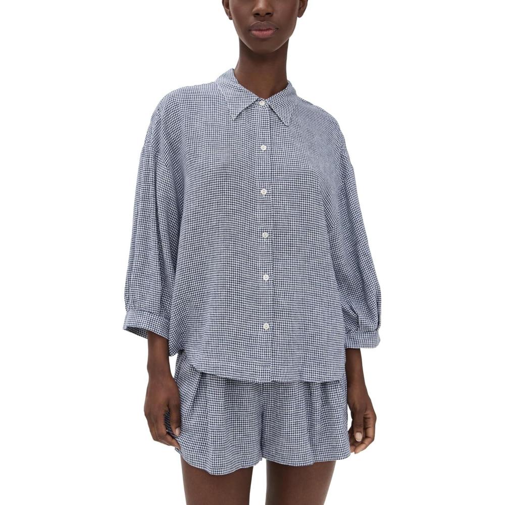 image:imageEberjey Womens Linen Blend Relaxed Sleeve TopGingham WhiteNavy