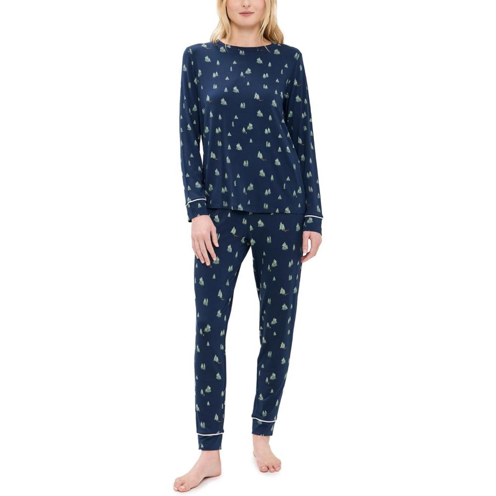 image:imageEberjey womens Gisele Printed Crew Pj SetWoodland Pine NavyIvory