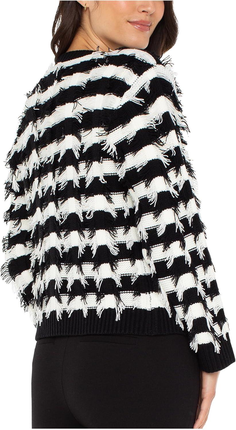 image:imageLiverpool Womens Long Sleeve Fringe Cardigan SweaterBlackWhite Fringe Stripe